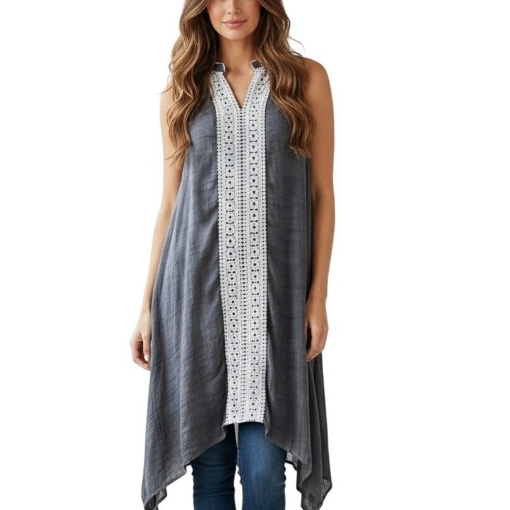 Indigo Rose Sleeveless Crochet Dress Women's Medium Lined Peasant Bohemian Mini